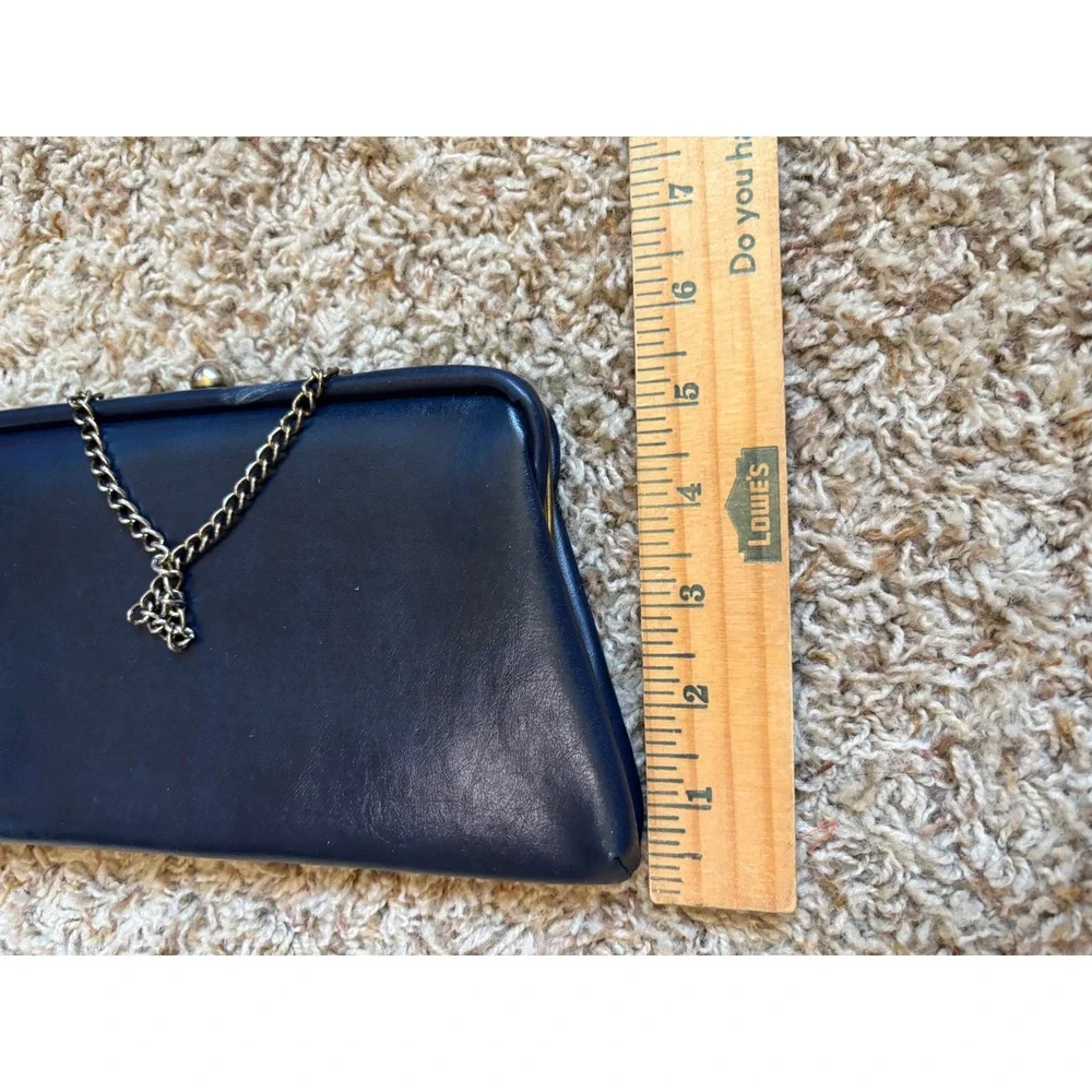 Vintage Clutch Purse Small Navy Blue Faux Leather Kiss Lock Chain Strap 1960s